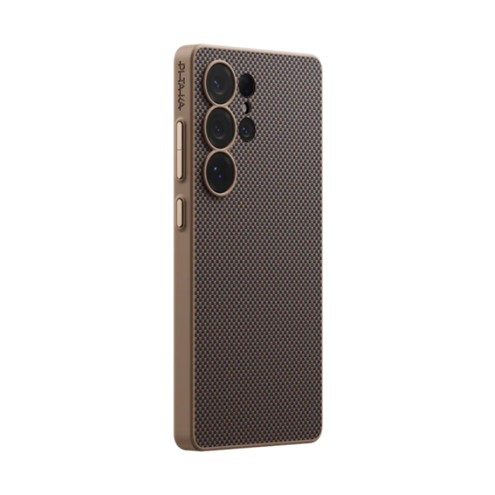 Pitaka S25 PinButton case side profile brown carbon fiber with embossed logo