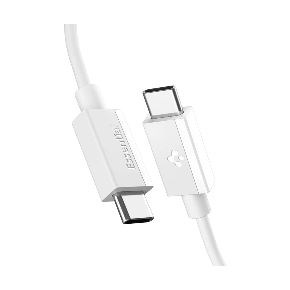 White Spigen USB-C to USB-C charging cable showing Essential branding and flexible sheath