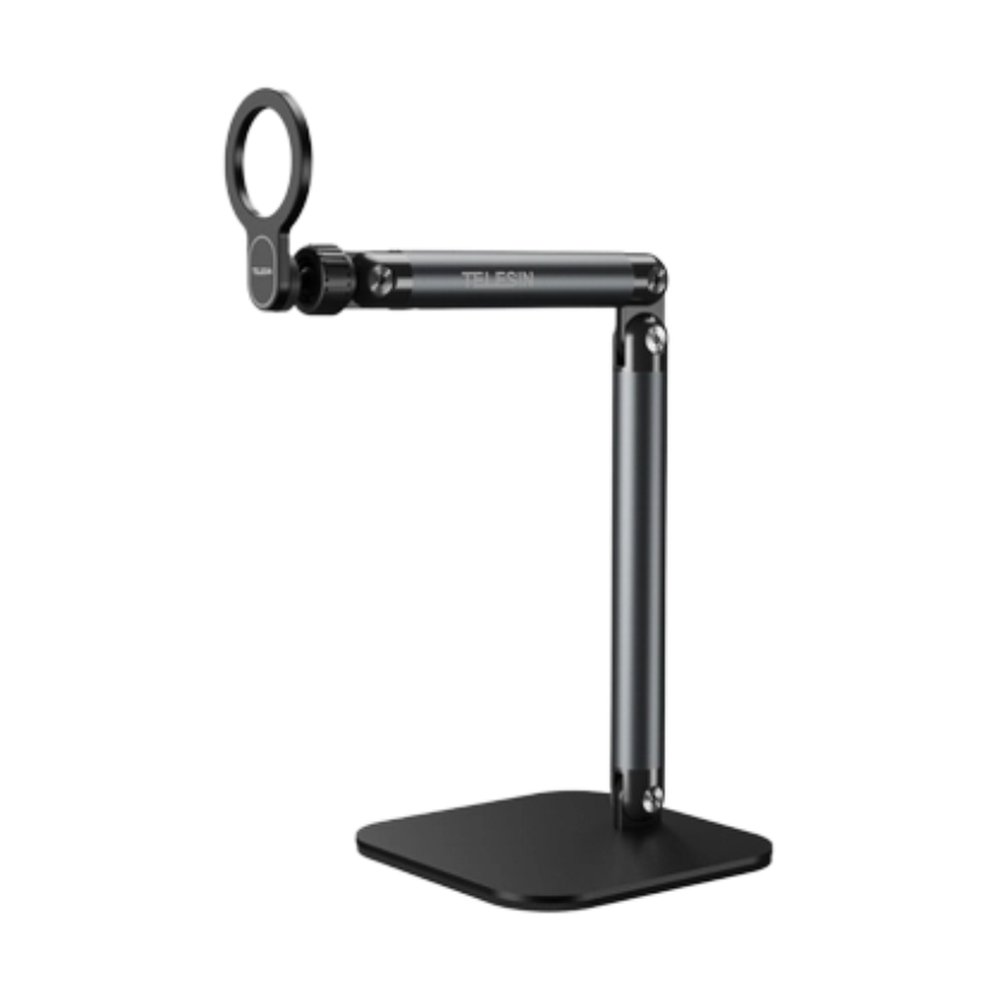 Telesin upright black metal phone stand with square base and adjustable joints