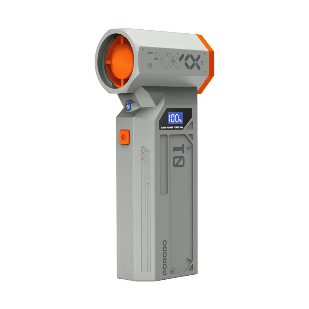 Porodo gray handheld dust blower with orange accents and digital display