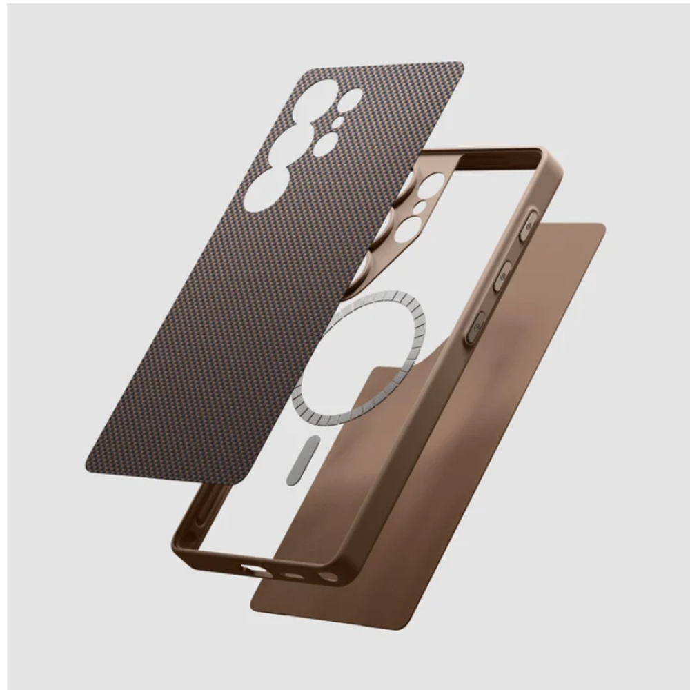 Pitaka S25 MagSafe case exploded view showing layered carbon fiber construction