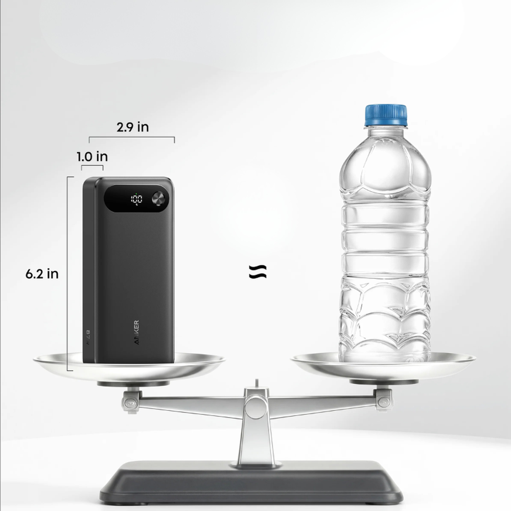 Anker 20000mAh portable charger weight comparison with water bottle dimensions