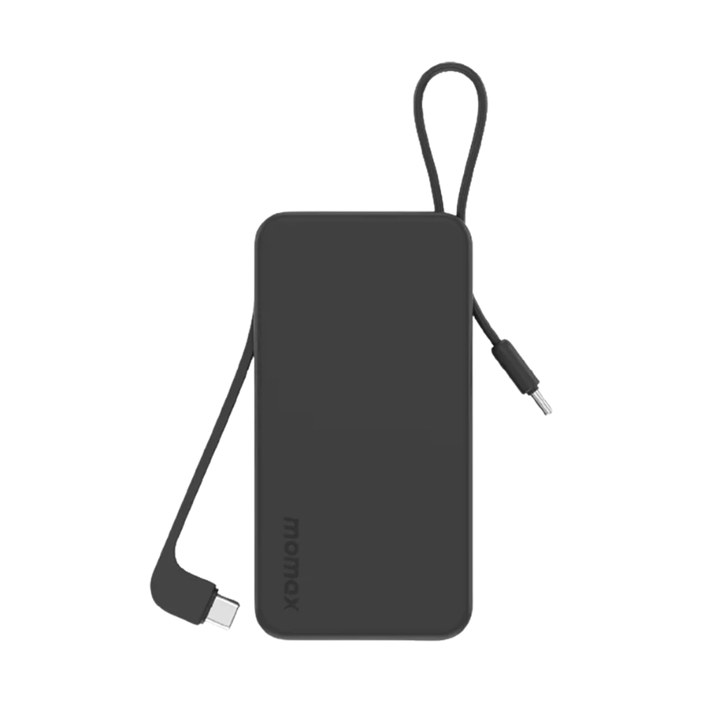 Momax 10000mAh power bank with lanyard loop and right-angle USB-C cable