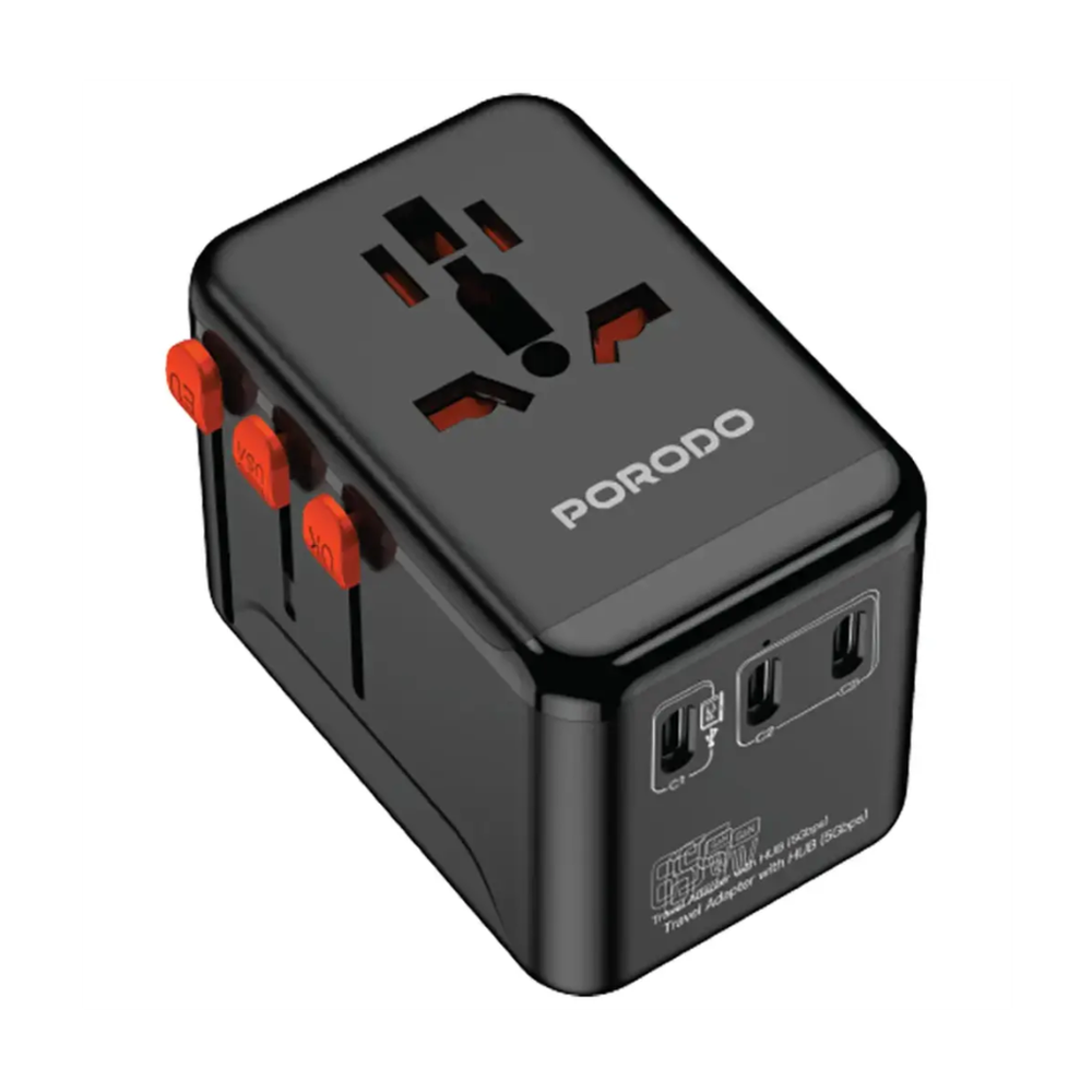 Porodo universal plug adapter with interchangeable EU UK USA AUS heads and USB hub