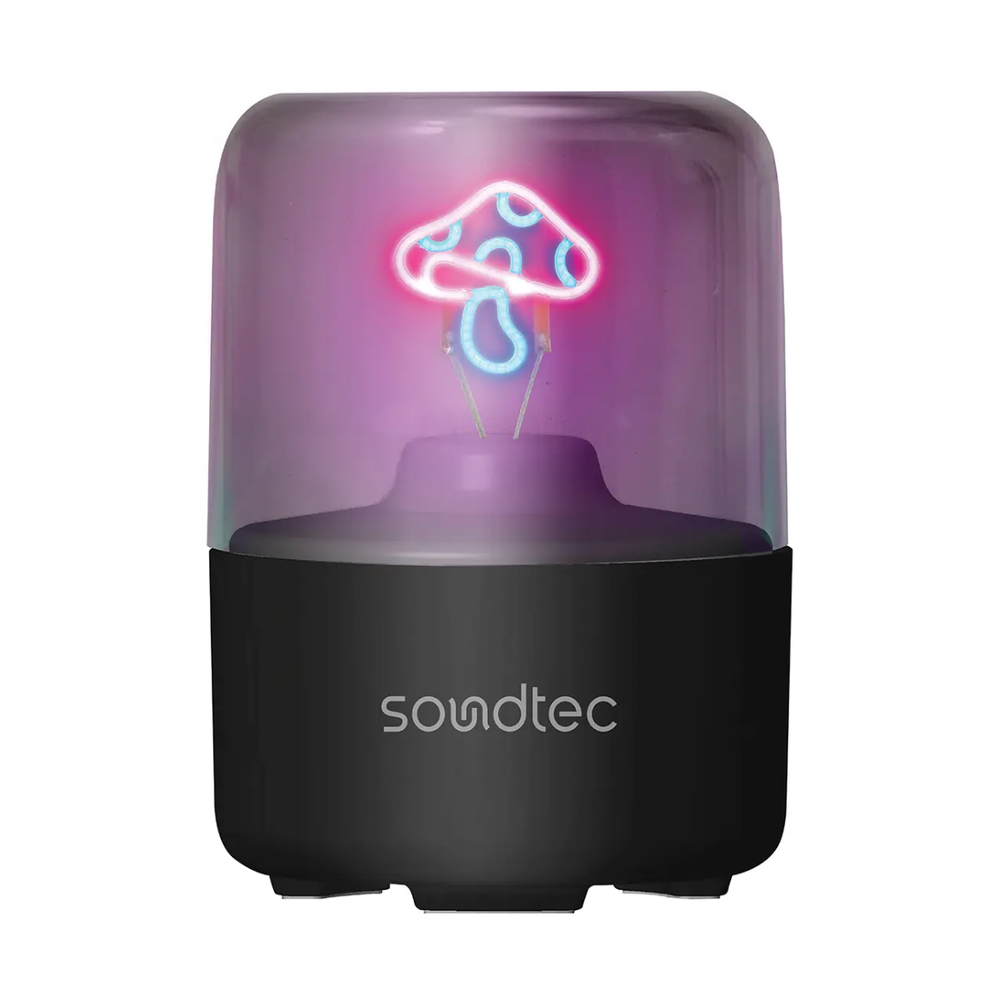 Porodo Marlo portable wireless speaker with purple ambient mushroom light and black textured base