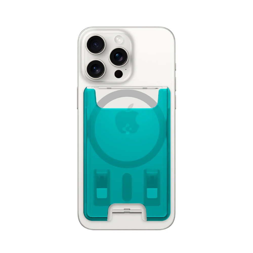 Spigen teal MagSafe wallet on white iPhone showing semi-transparent design and Apple logo visibility