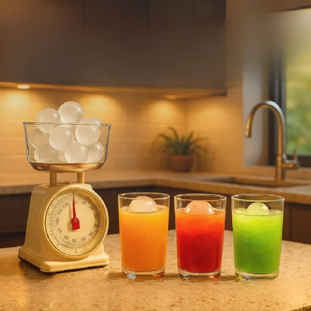 Spherical ice cubes in colorful cocktails on kitchen scale for drinks