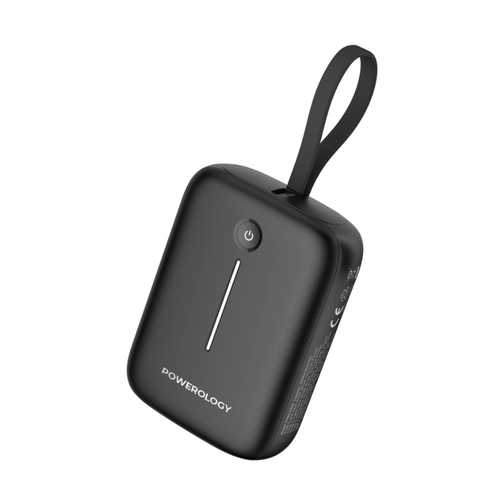 Black Powerology 10000mAh power bank with built-in USB-C cable and LED indicator