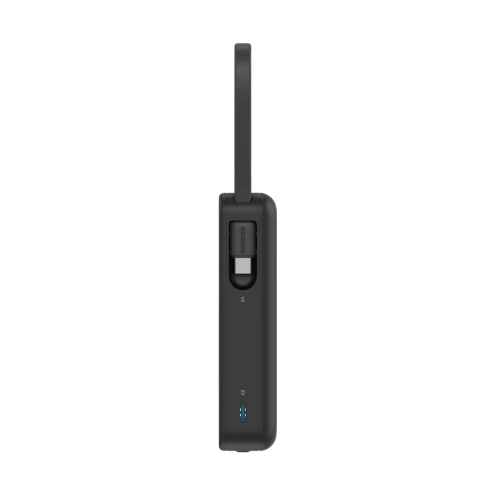 Side view of Momax power bank with USB-A port and built-in USB-C compartment