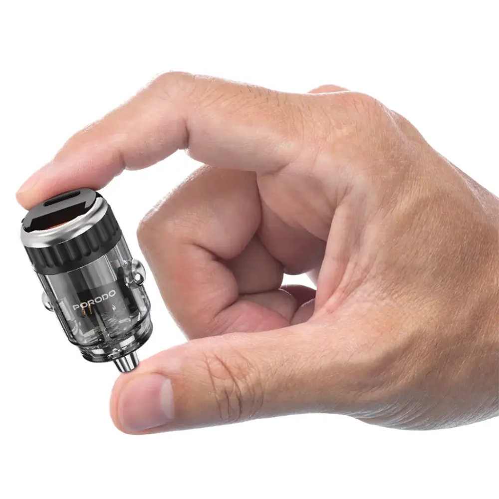 Porodo Dual Port Transparent Car Charger With Pull Ring Handle - Black