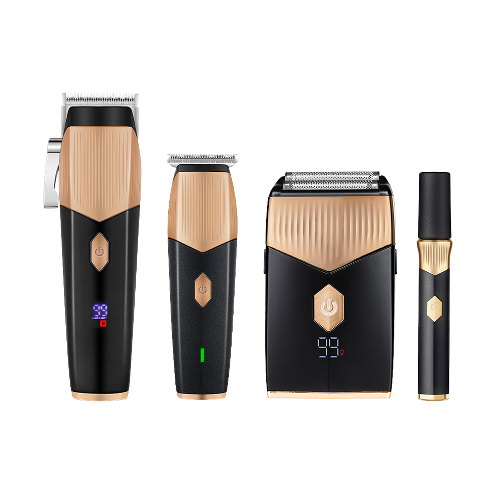 Four-piece Rebenuo grooming set featuring black and rose gold clippers, trimmers, and shavers with LED displays
