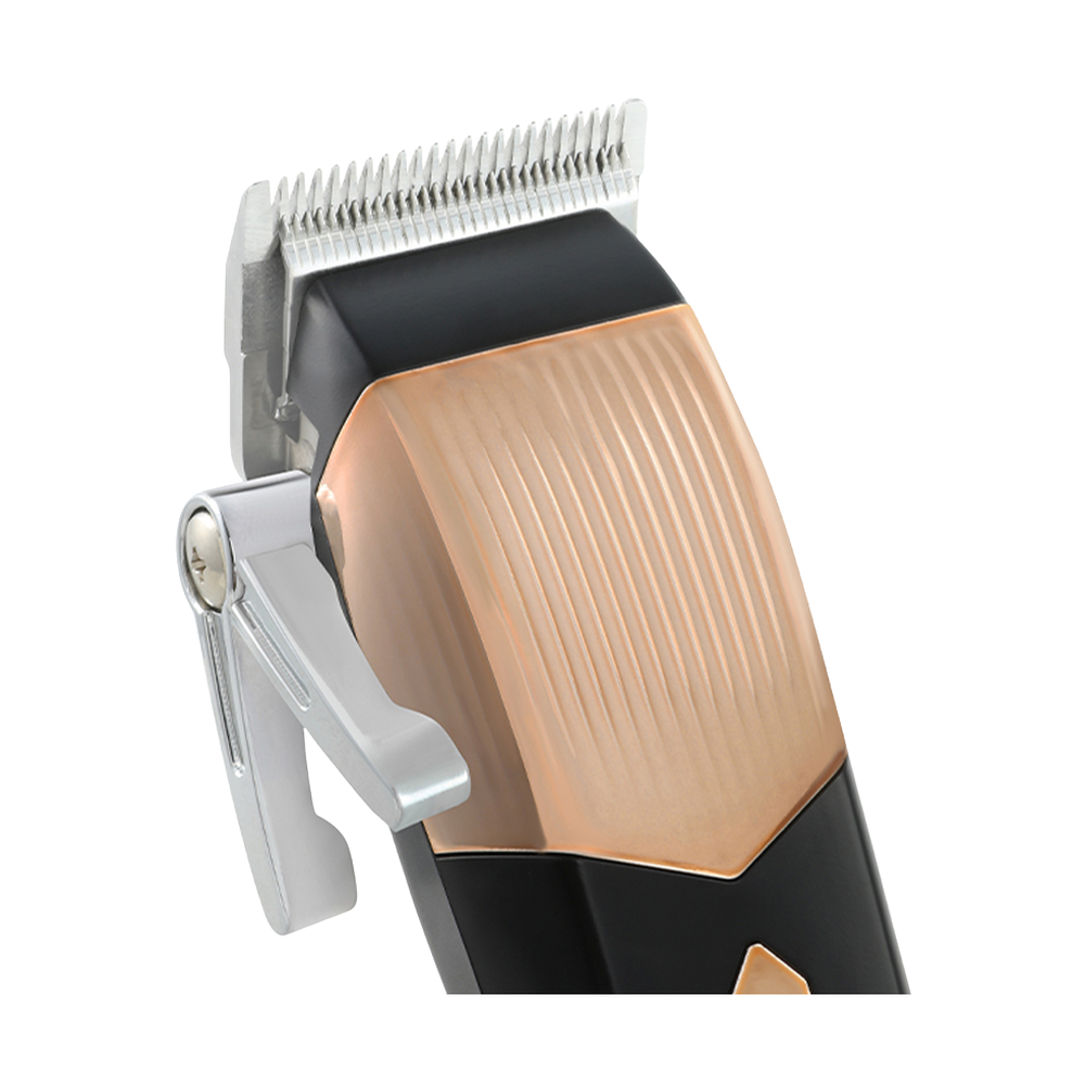 Close-up of Rebenuo cordless clipper showing rose gold ribbed body, stainless steel blade, and adjustable lever