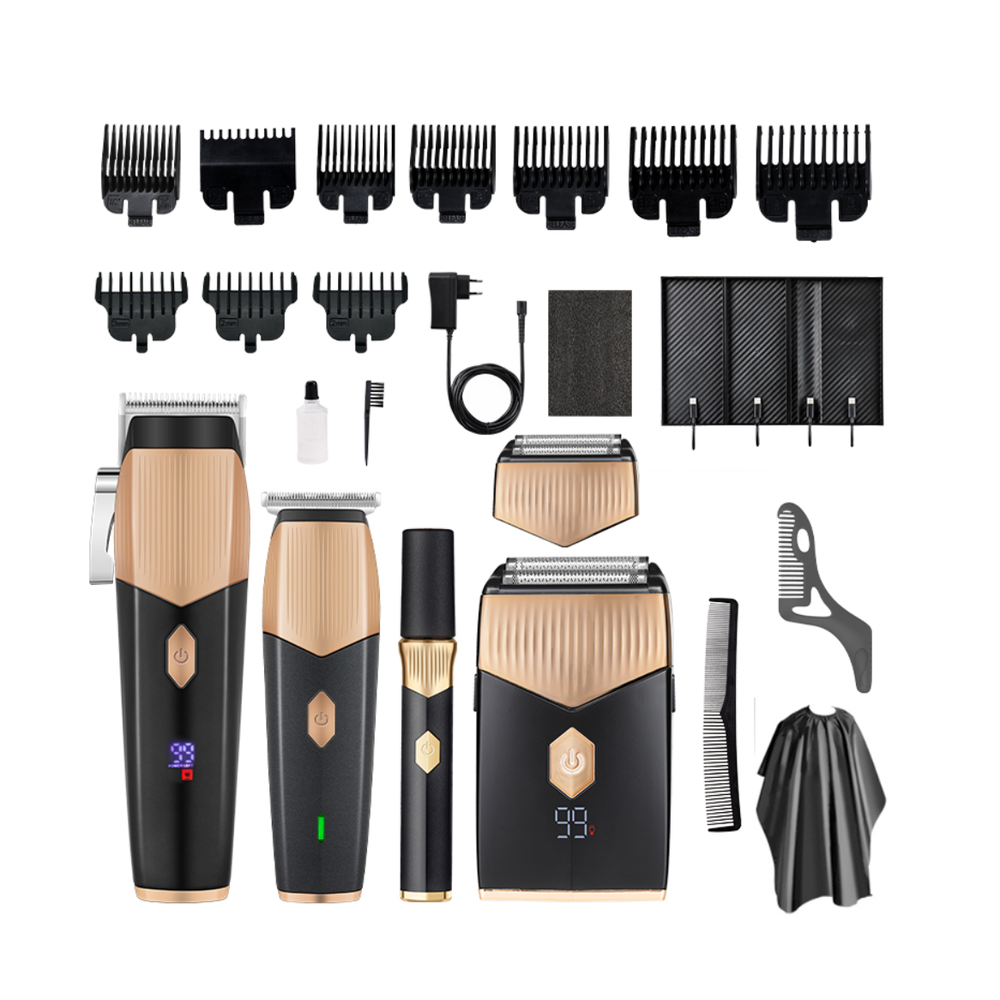 Rebenuo cordless hair trimmer kit with rose gold clipper, shaver, and accessories in carbon fiber case