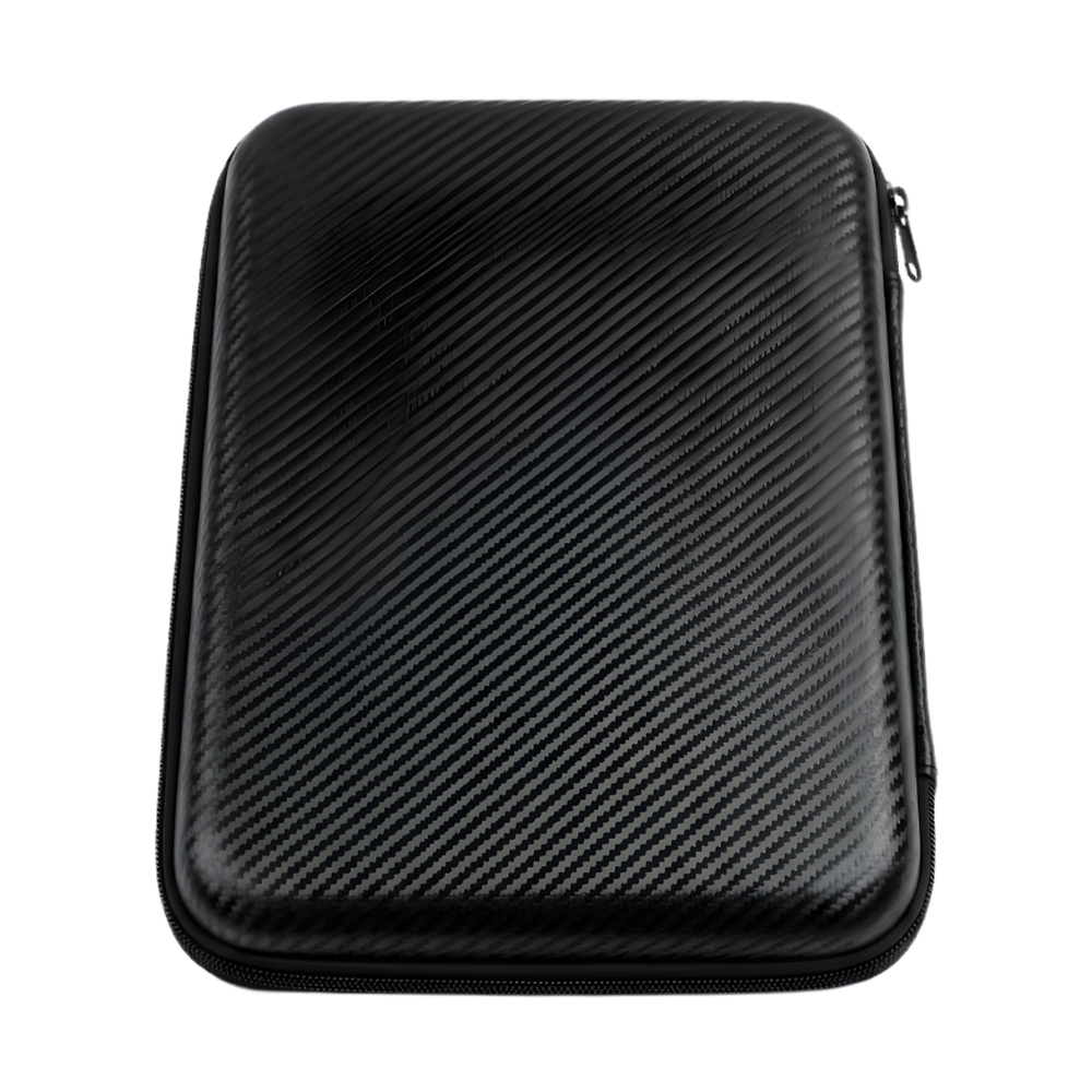 Black zippered carrying case with diagonal carbon fiber texture for hair trimmer kit storage