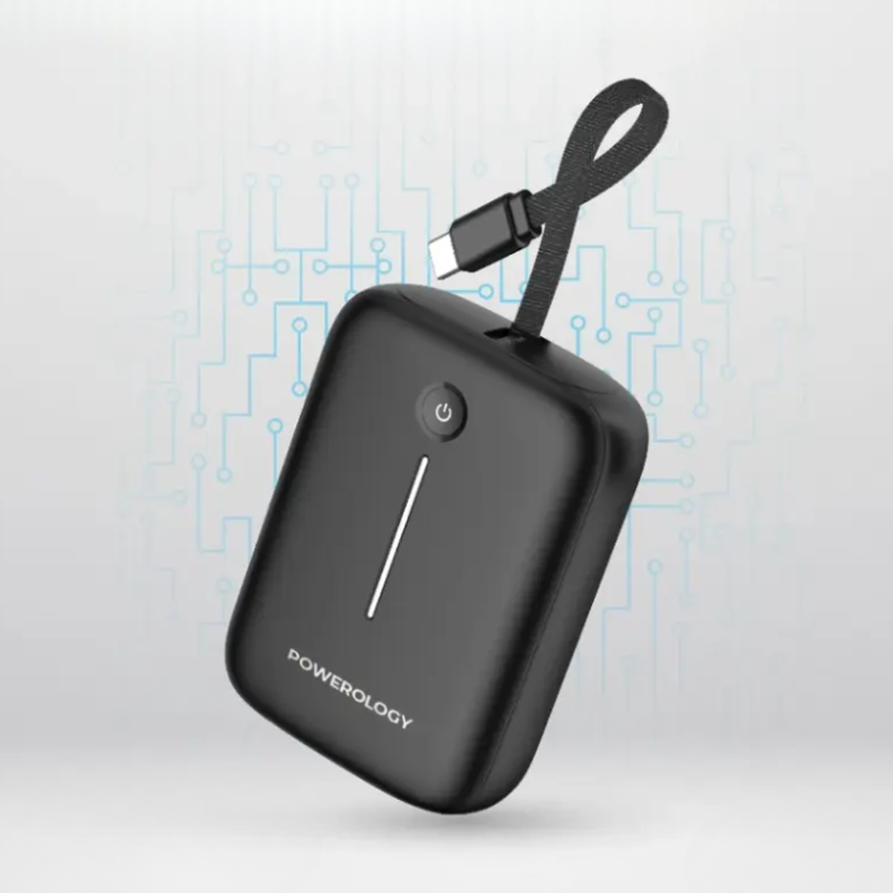 Powerology 20W portable charger showing attached USB-C cable and matte black finish