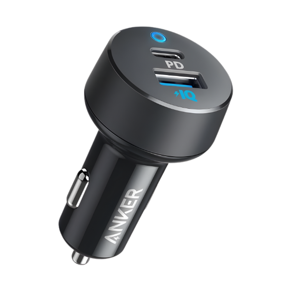 Anker 35W black dual-port car charger with glowing LED indicator and USB-C PD port
