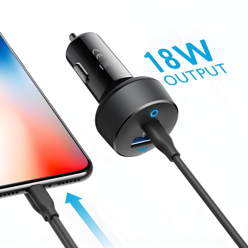 Black Anker car charger plugged into vehicle socket charging smartphone via USB-A port