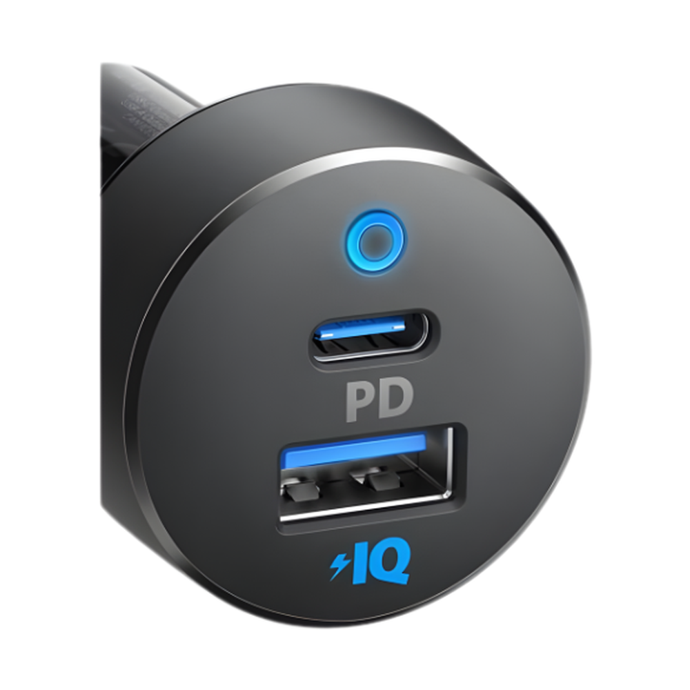 Anker 35W dual-port car charger close-up with USB-C PD and USB-A PowerIQ ports