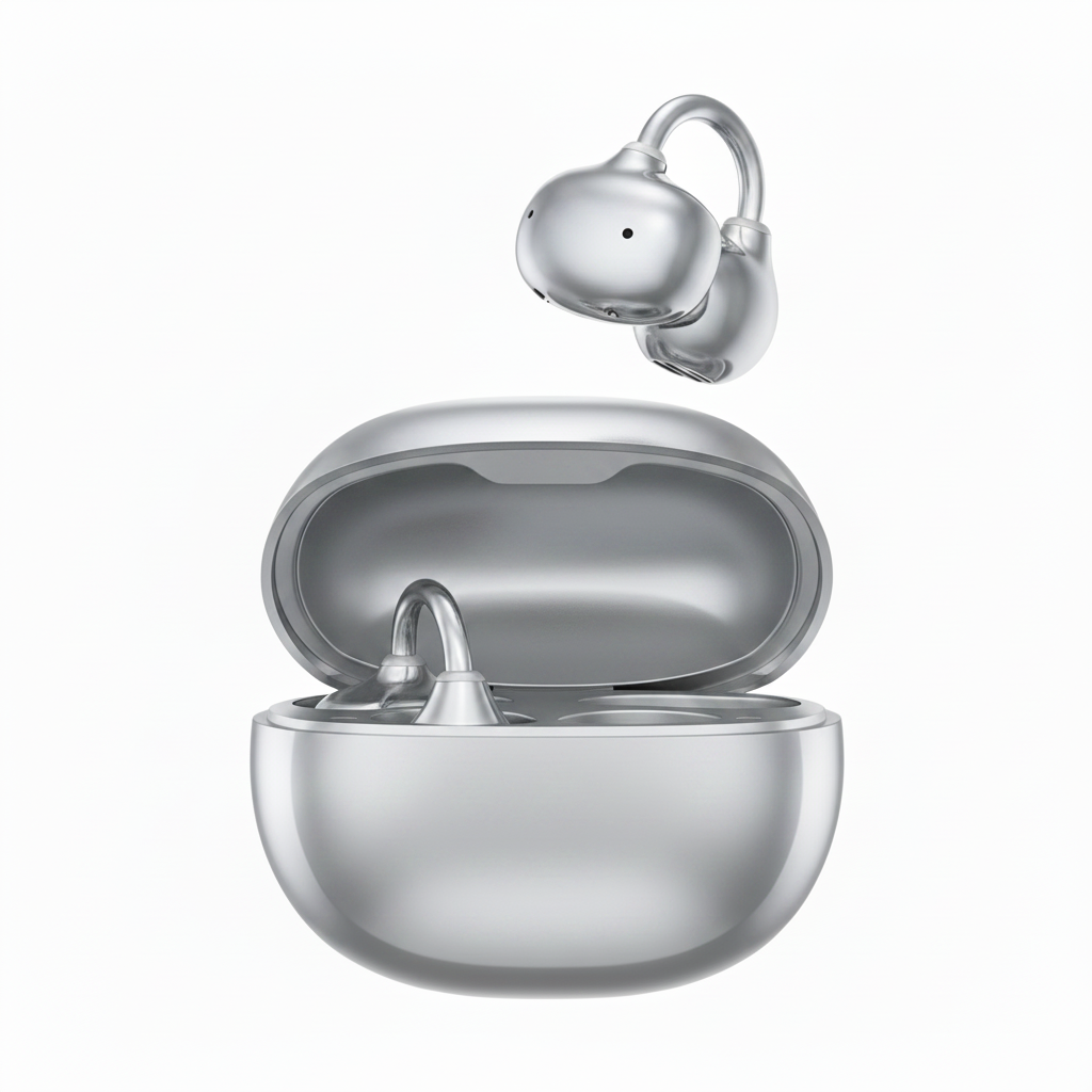 Black Salvador open-ear wireless earbuds with clip-on fit in glossy charging case