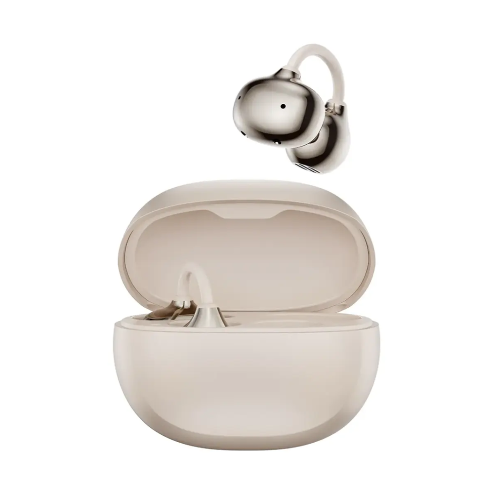 Silver Salvador open-ear wireless earbuds with white clip on beige charging case