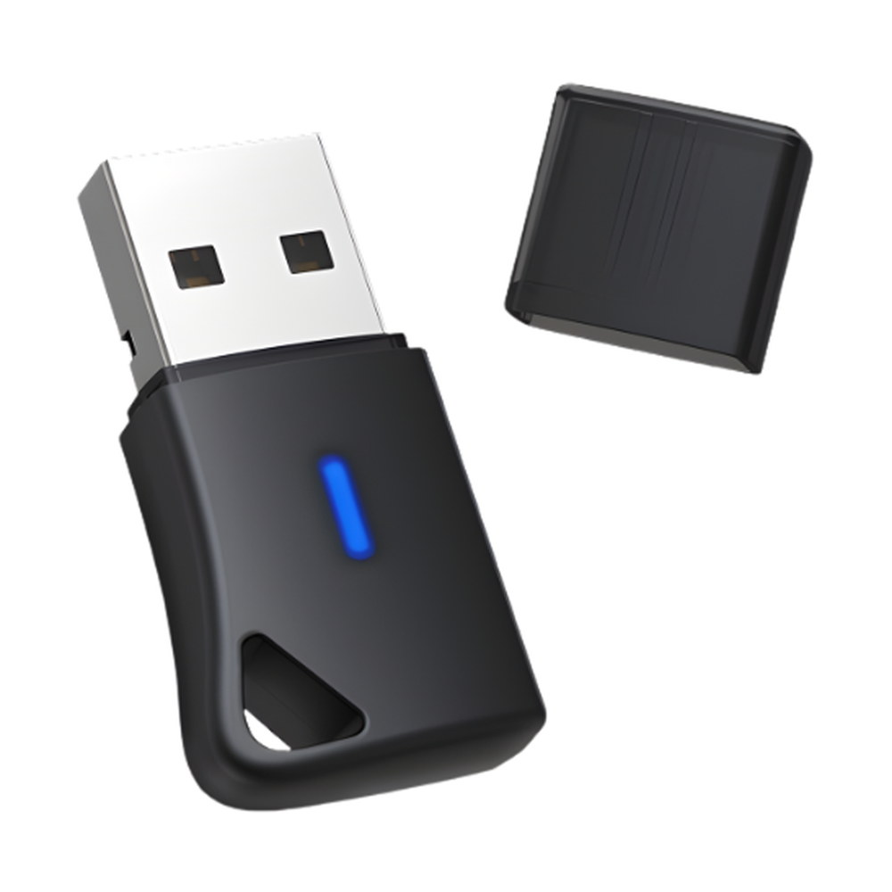 Baseus black Bluetooth audio receiver showing blue LED indicator
