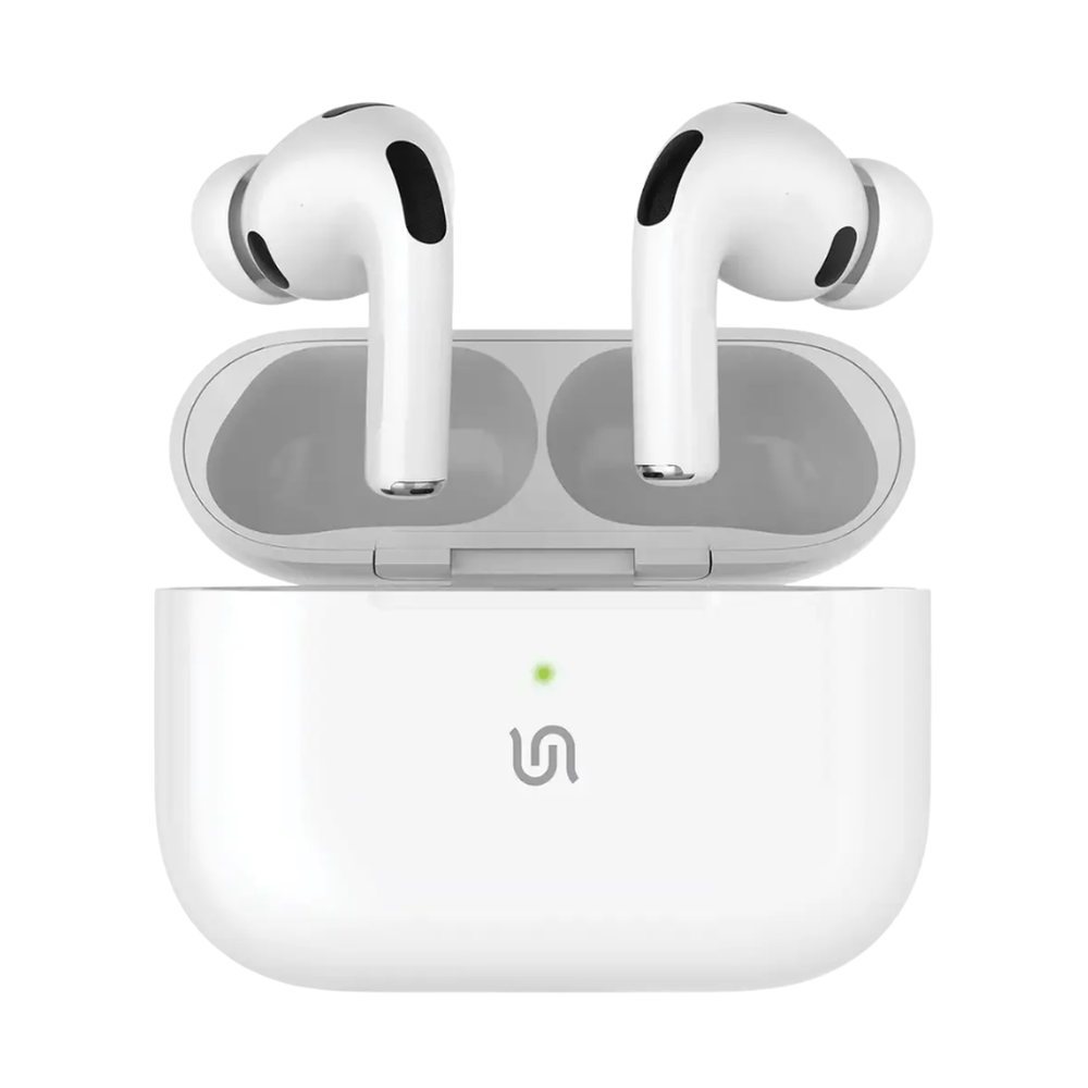 White wireless earbuds in charging case with LED indicator light