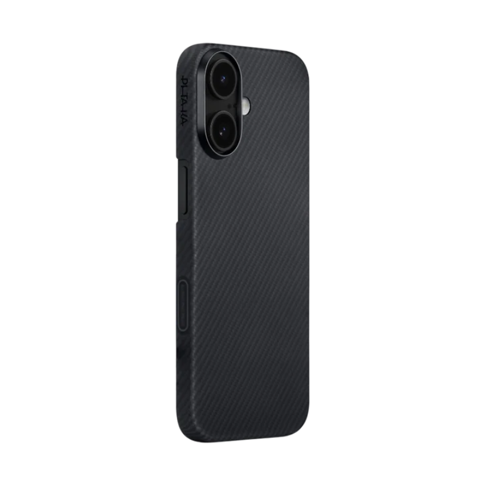 Black carbon-fiber Pitaka iPhone 16A case with dual camera cutout