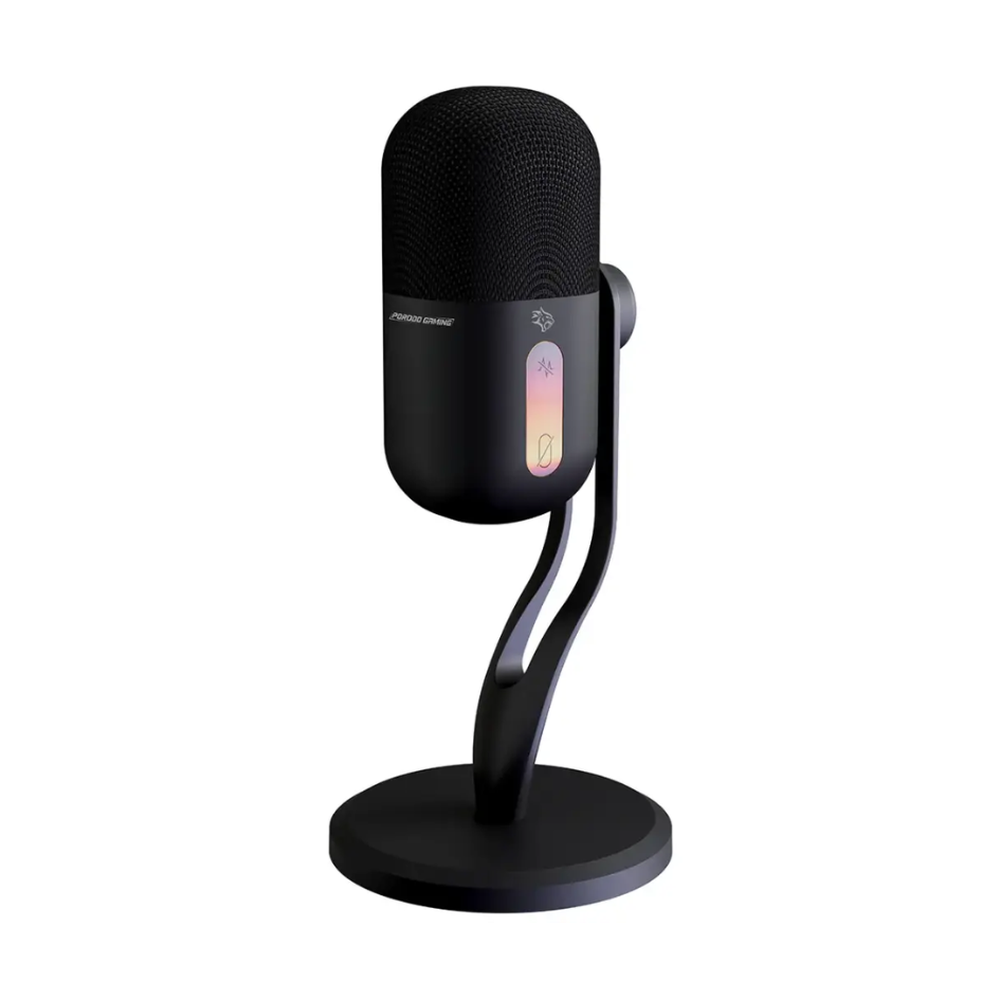 Black Porodo RGB gaming microphone with mute icon and customizable light panel