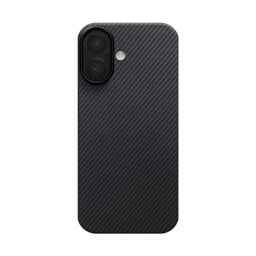 Rear view of black Pitaka iPhone case with diagonal carbon fiber texture