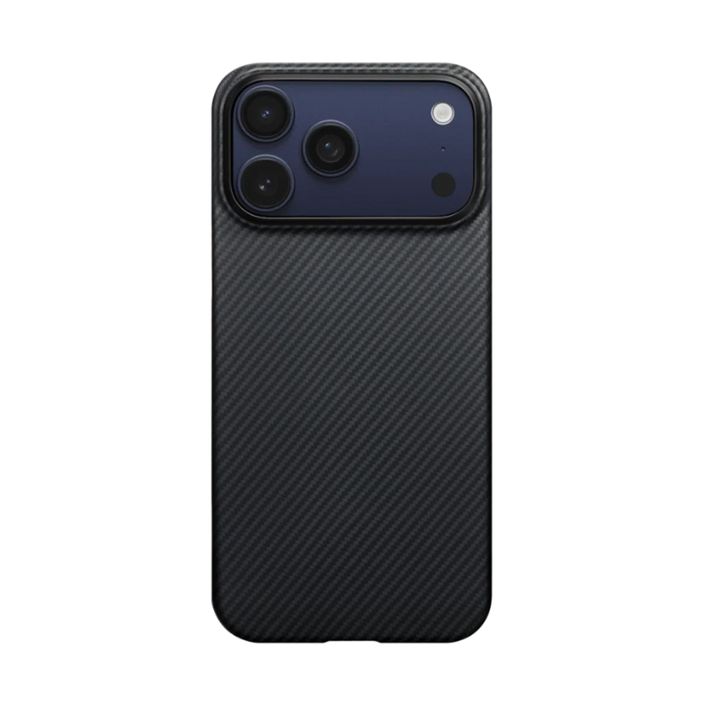 Back view of black Pitaka iPhone case with uniform carbon fiber weave