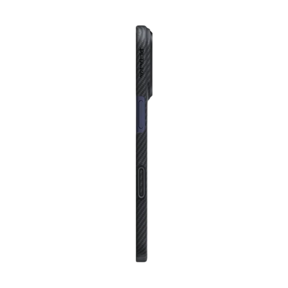 Side view of black Pitaka iPhone 16A case with button cutouts