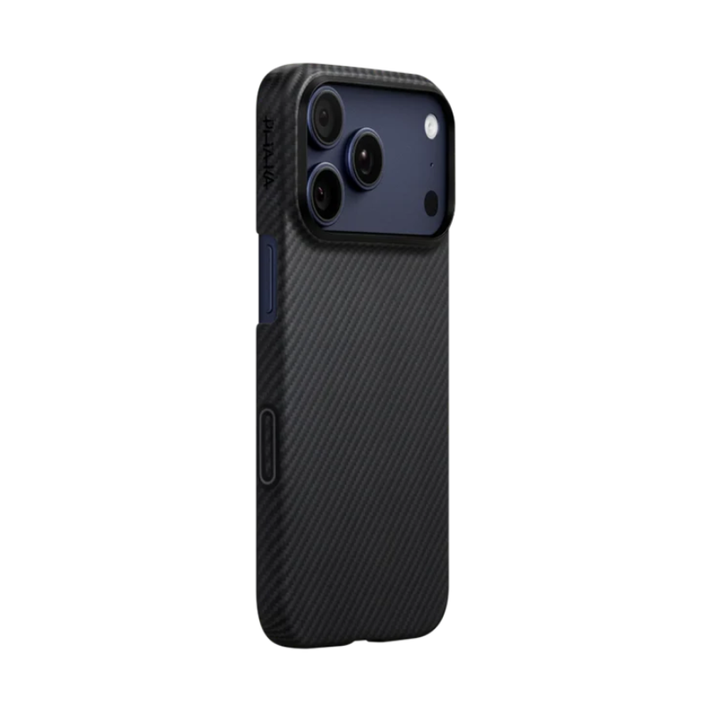 Slim black Pitaka iPhone case with diagonal weave and raised camera edge