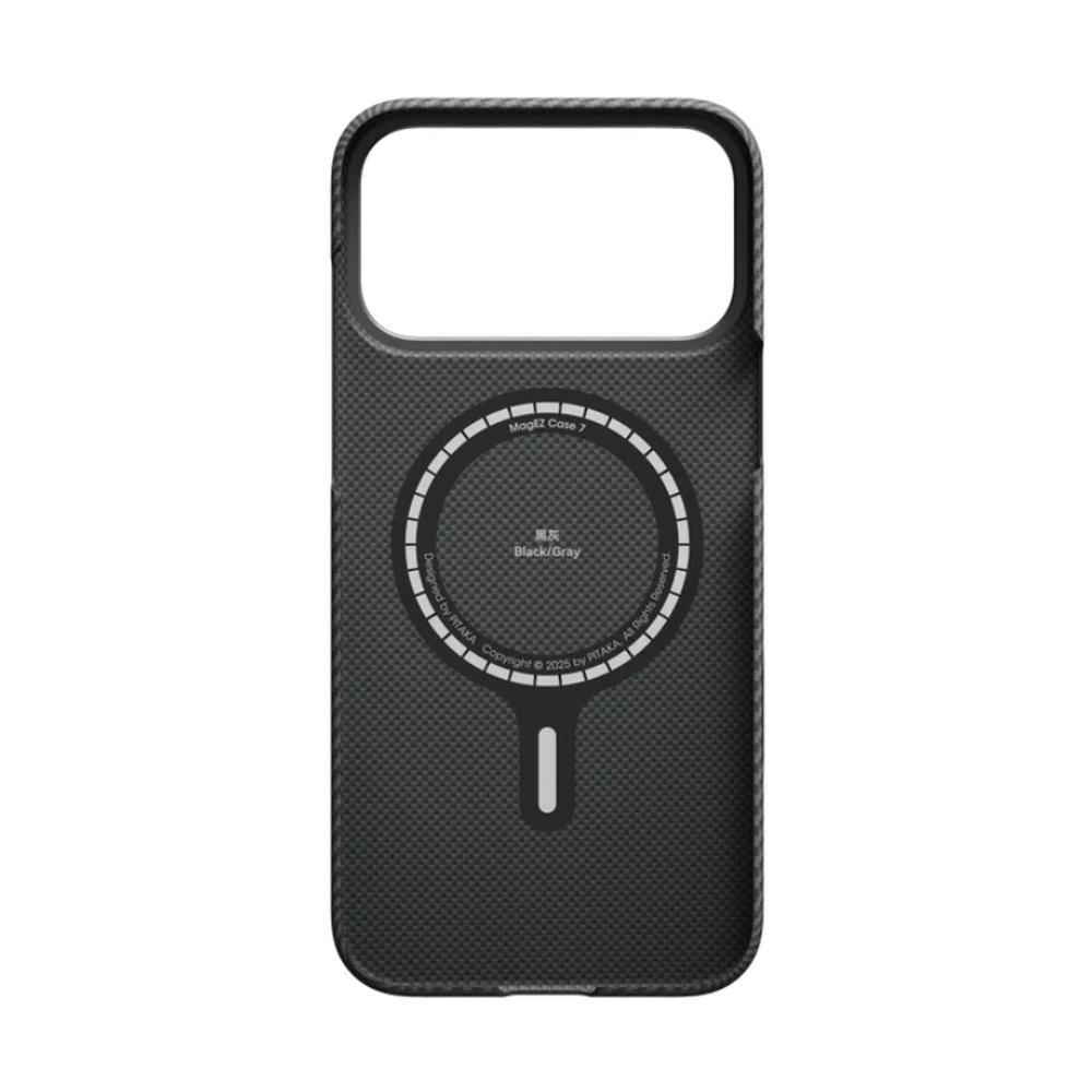 Black MagSafe Pitaka iPhone case showing alignment ring and branding