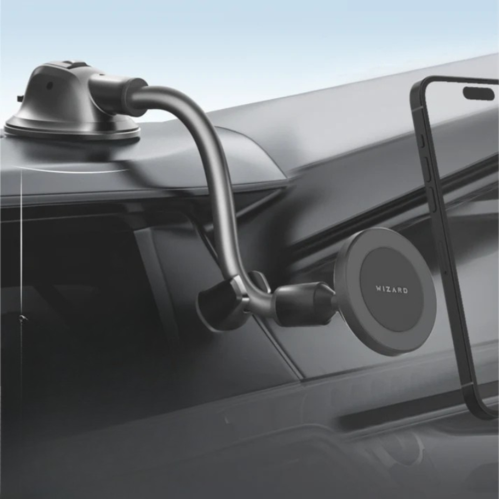Wizard Maggrip black car phone holder with suction cup mount and magnetic disc installed on windshield