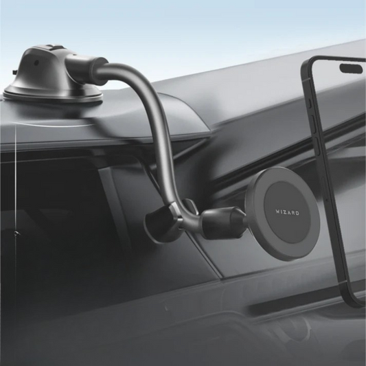 Wizard Maggrip black car phone holder with suction cup mount and magnetic disc installed on windshield