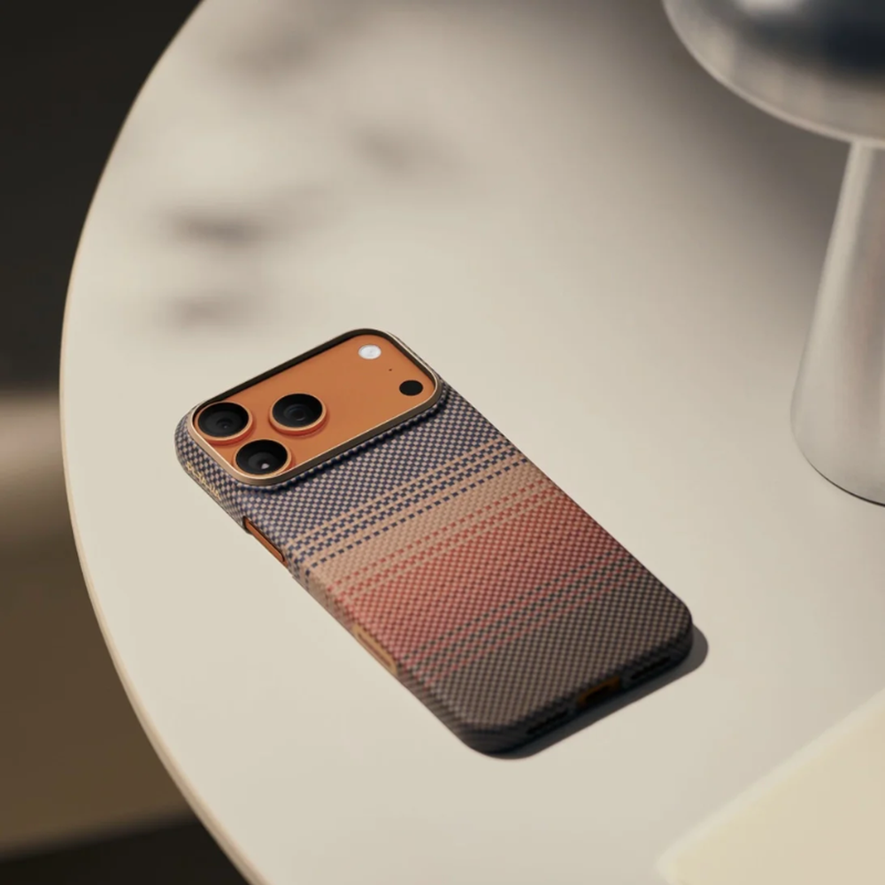 Blue gray and orange gradient Pitaka iPhone case with woven texture