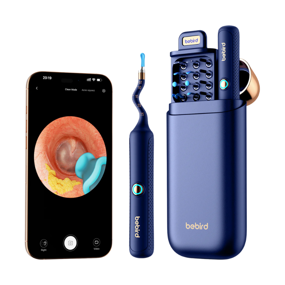 Bebird ear exam set with smartphone display showing Clean Mode and acne-squeezer tool