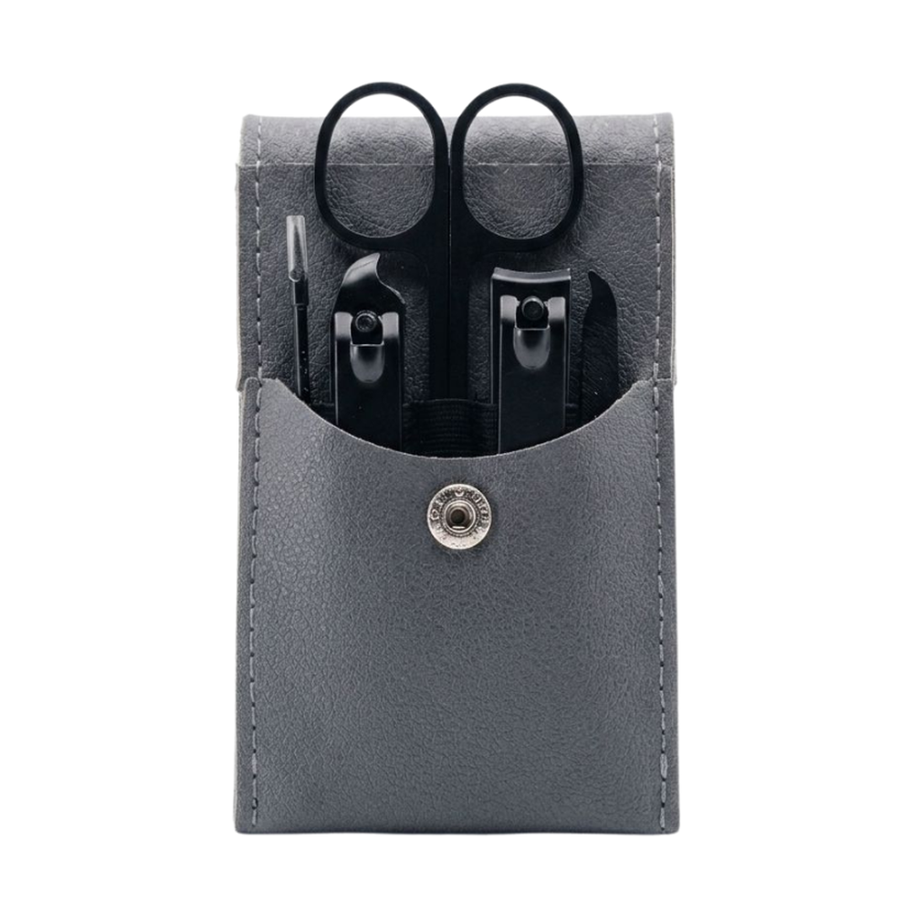 Open Wolf Store Wizard 5-in-1 grooming kit showing stainless steel tools in dark gray pouch