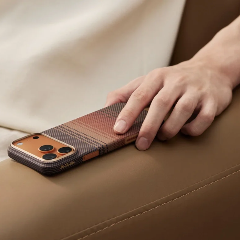 Pitaka iPhone 17 Ultra Slim case with brown to orange gradient plaid aramid fiber