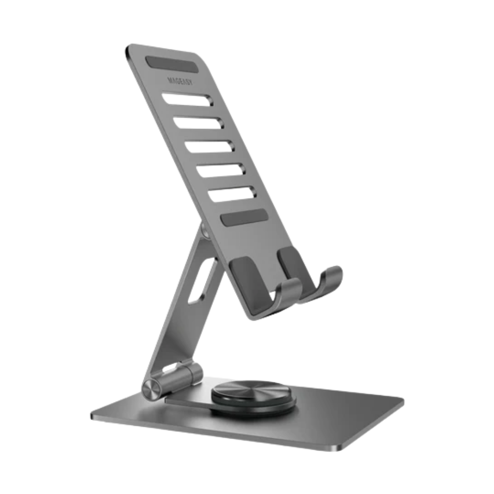 Upright silver MagEasy rotating stand with slotted backplate for device cooling