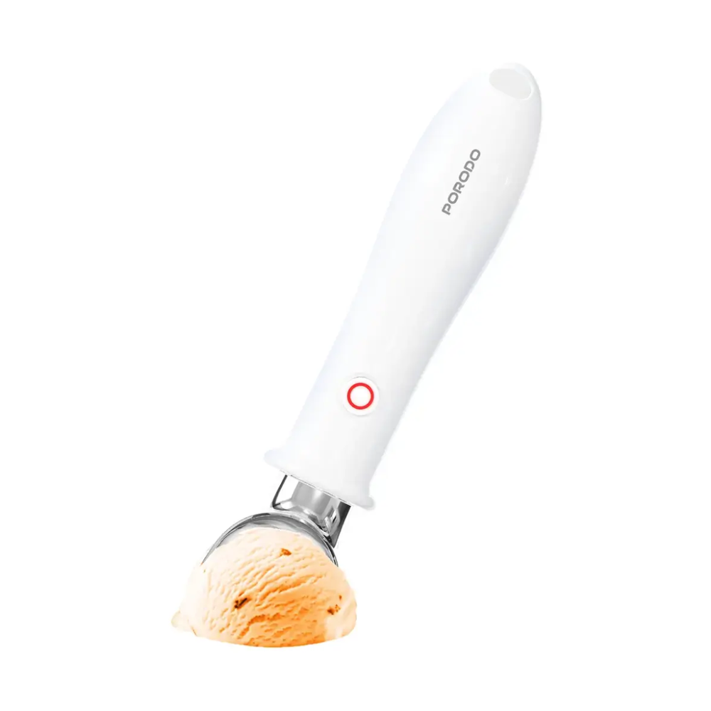 Porodo heated ice cream scoop with red indicator light holding orange sherbet on white background