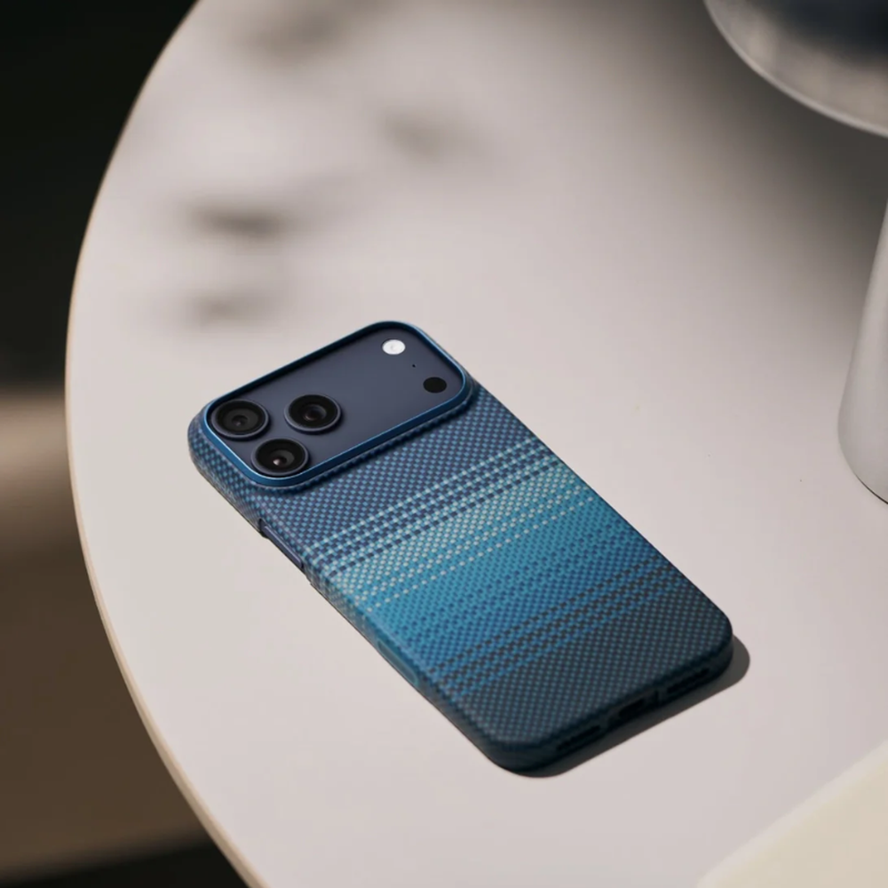 Blue gradient striped Pitaka iPhone 17 case with triple camera cutout