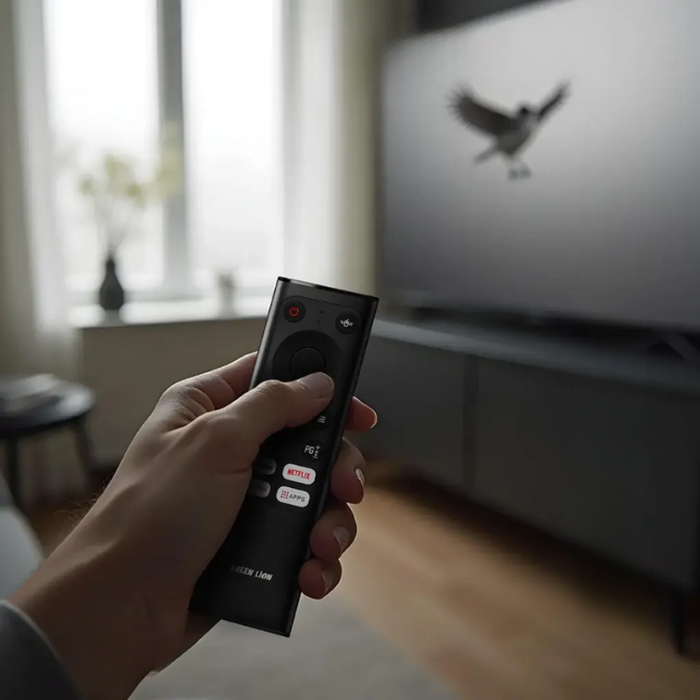 Green Lion wireless remote with Netflix and YouTube buttons for smart TV control