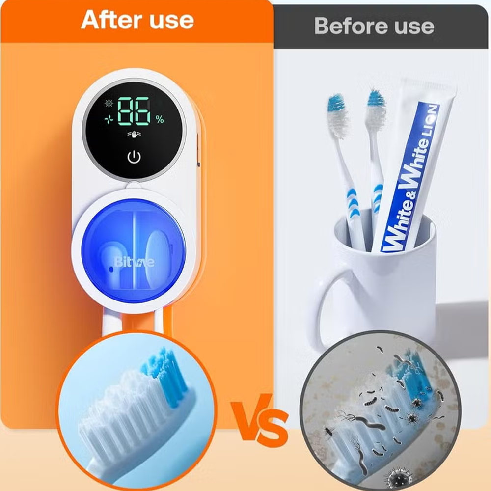 Bitvae smart toothbrush sanitizer before and after use comparison showing bacteria removal
