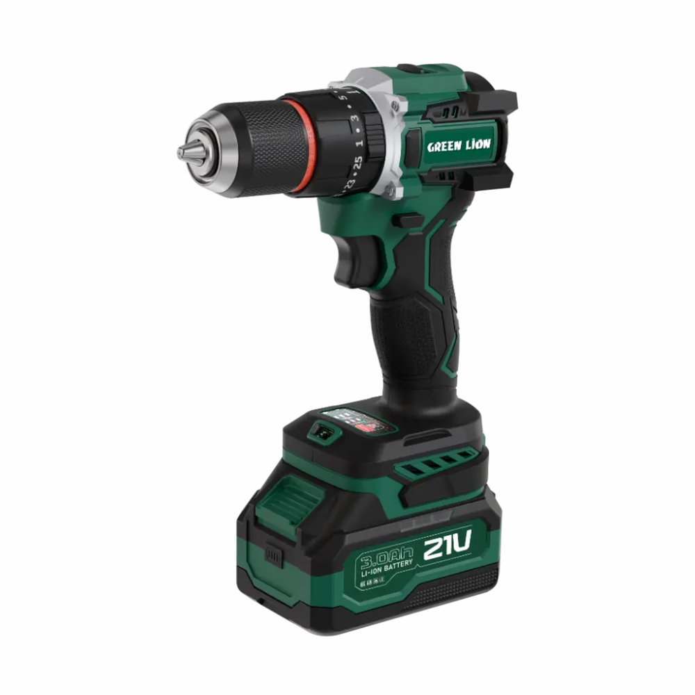 Green Lion 21V brushless hammer drill with torque settings and LED light