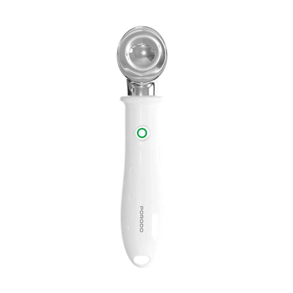 White Porodo rechargeable ice cream scoop with green LED power ring and hanging hole detail