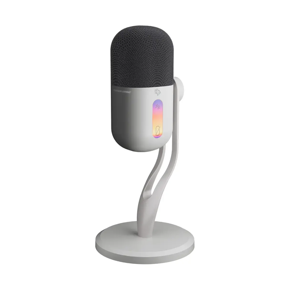 White Porodo RGB microphone with noise suppress button and dynamic lighting