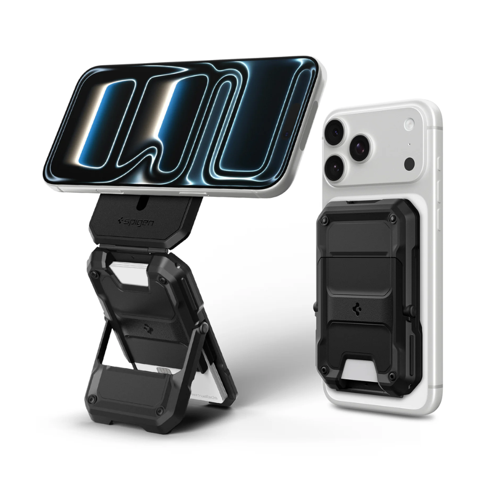 Spigen iPhone wallet in horizontal stand position with card slot visible