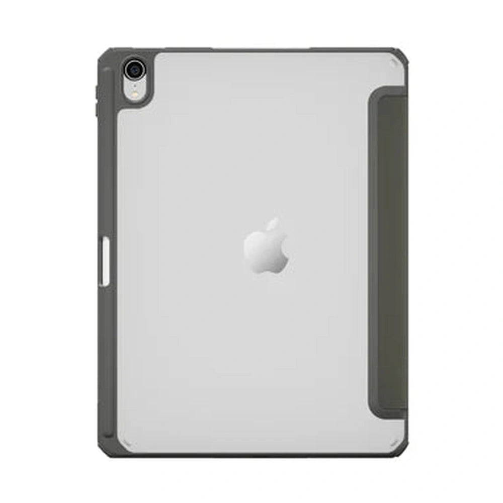 Rear view of gray protective case revealing silver iPad camera and Apple logo through transparent panel