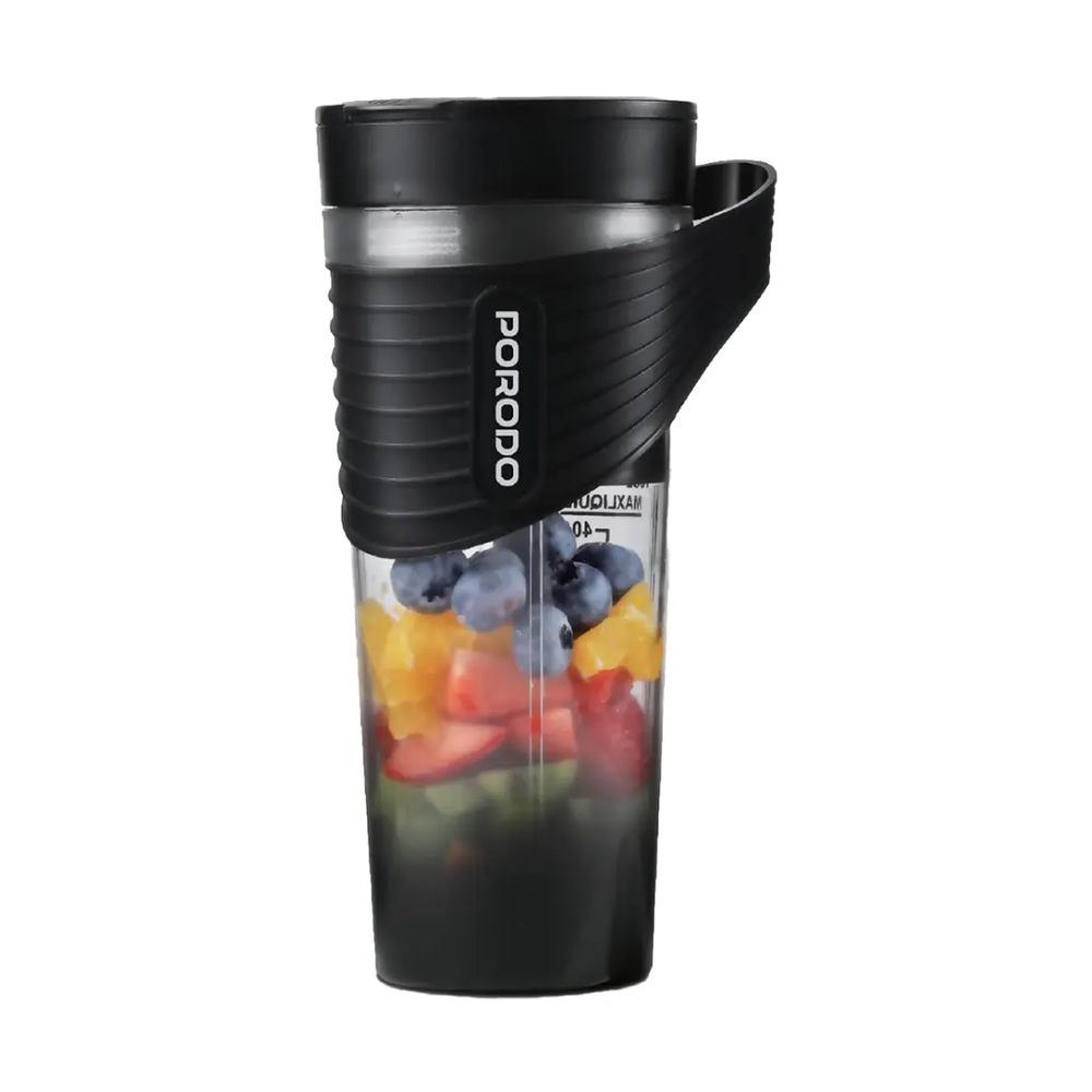 Front view of black Porodo blender cup filled with blueberries strawberries and pineapple